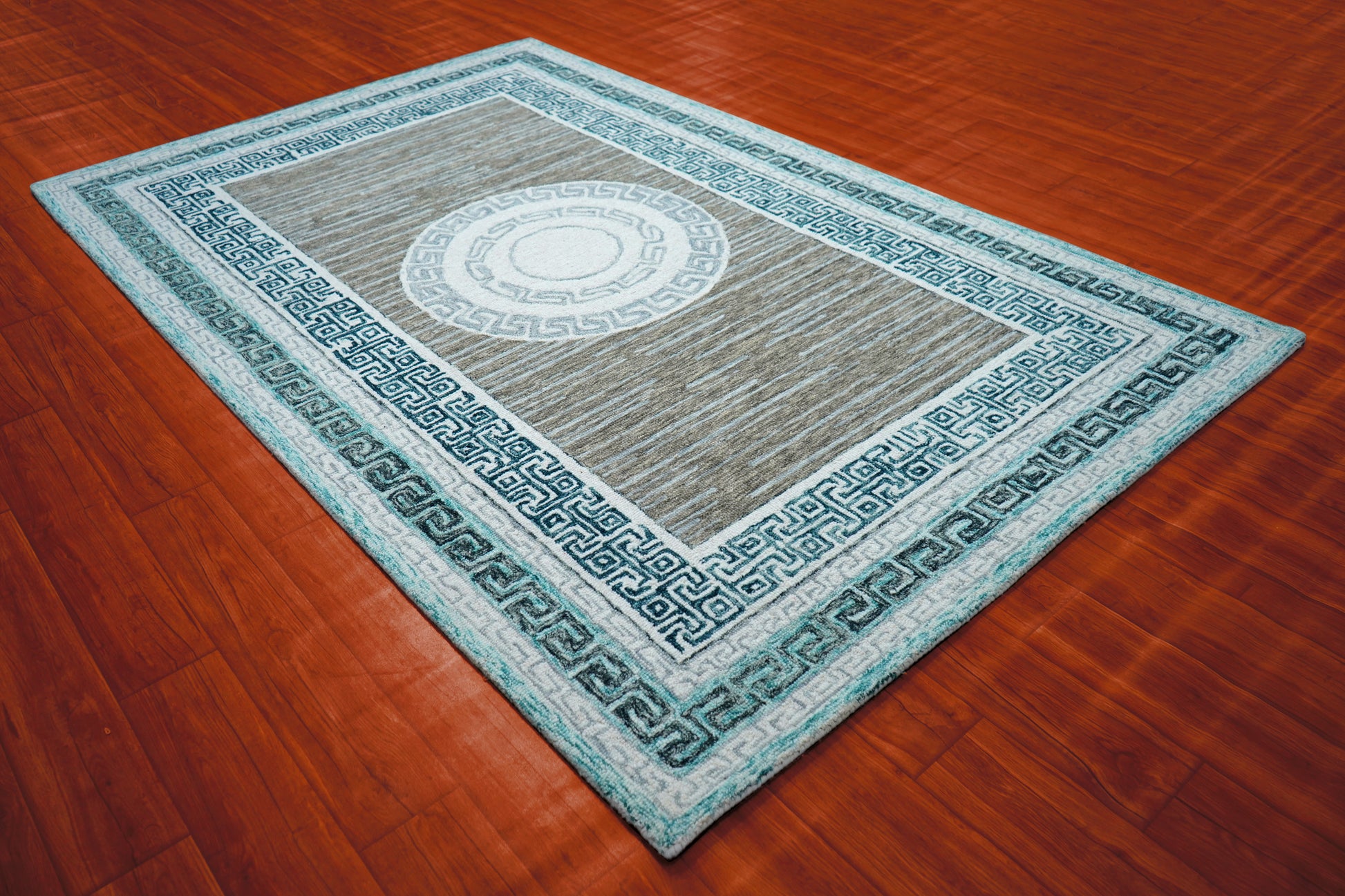 Teal Grey Greek Key Medallion Border Hand Tufted Wool Area Rug - Cut Pile Traditional Custom Sizes