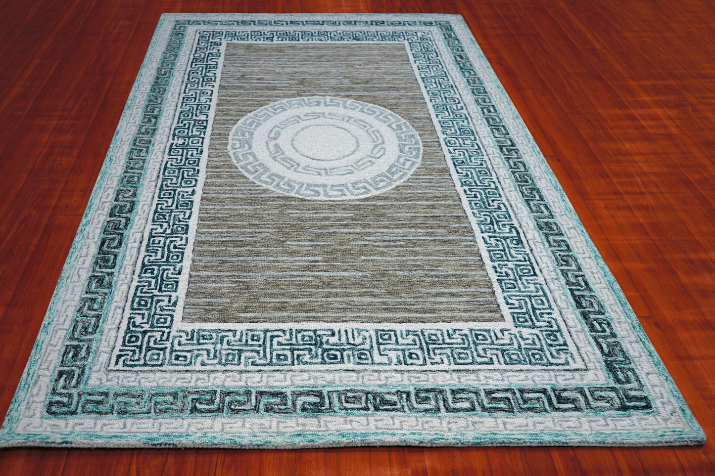 Teal Grey Greek Key Medallion Border Hand Tufted Wool Area Rug - Cut Pile Traditional Custom Sizes