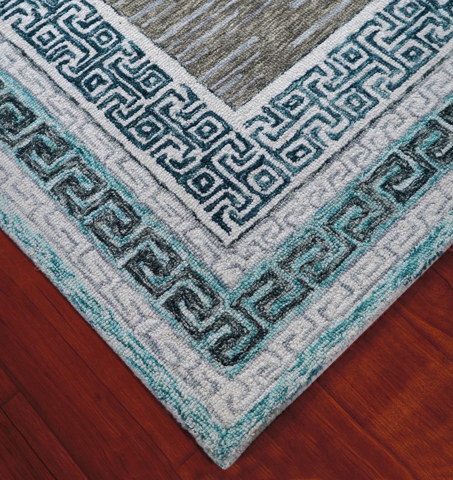 Teal Grey Greek Key Medallion Border Hand Tufted Wool Area Rug - Cut Pile Traditional Custom Sizes