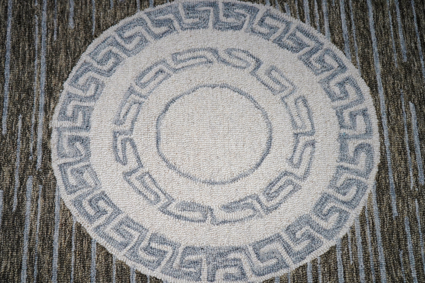 Teal Grey Greek Key Medallion Border Hand Tufted Wool Area Rug - Cut Pile Traditional Custom Sizes
