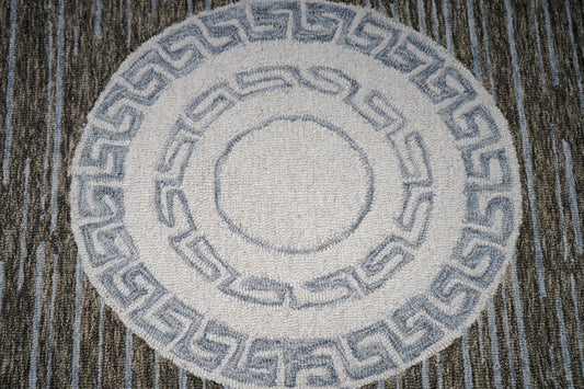 Teal Grey Greek Key Medallion Border Hand Tufted Wool Area Rug - Cut Pile Traditional Custom Sizes