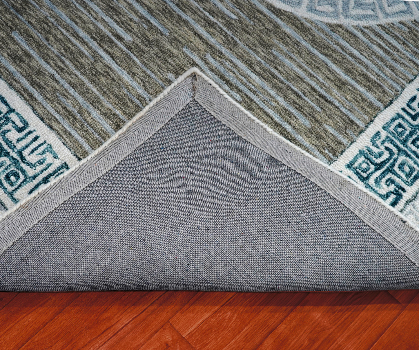 Teal Grey Greek Key Medallion Border Hand Tufted Wool Area Rug - Cut Pile Traditional Custom Sizes