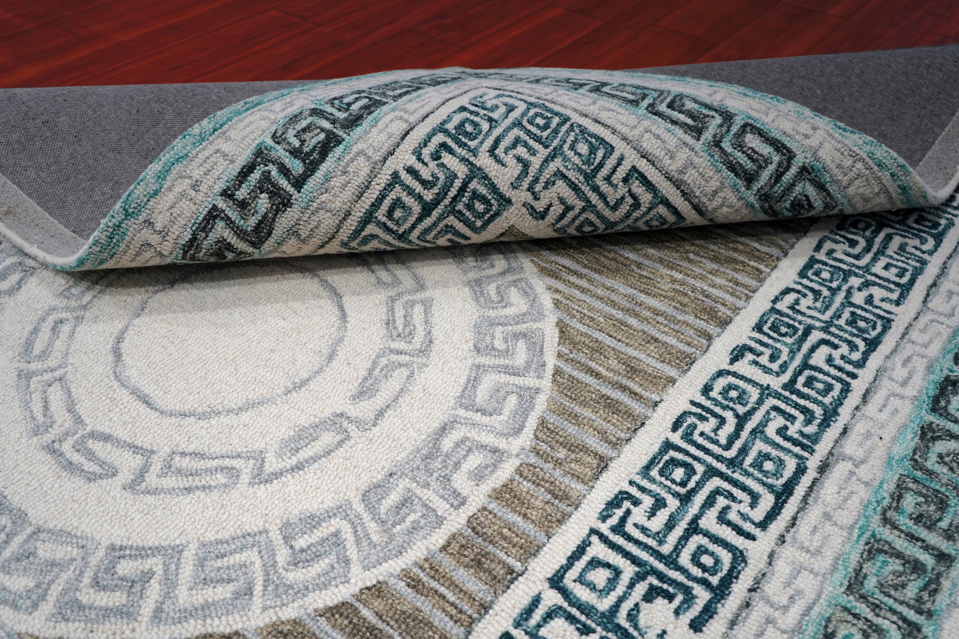 Teal Grey Greek Key Medallion Border Hand Tufted Wool Area Rug - Cut Pile Traditional Custom Sizes