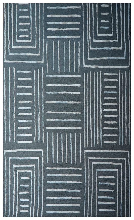 Grey Ivory Abstract Geometric Lines Panel Hand Tufted Wool Viscose Area Rug - Cut Pile Contemporary Custom Sizes