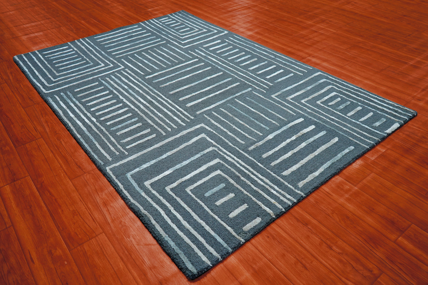 Grey Ivory Abstract Geometric Lines Panel Hand Tufted Wool Viscose Area Rug - Cut Pile Contemporary Custom Sizes