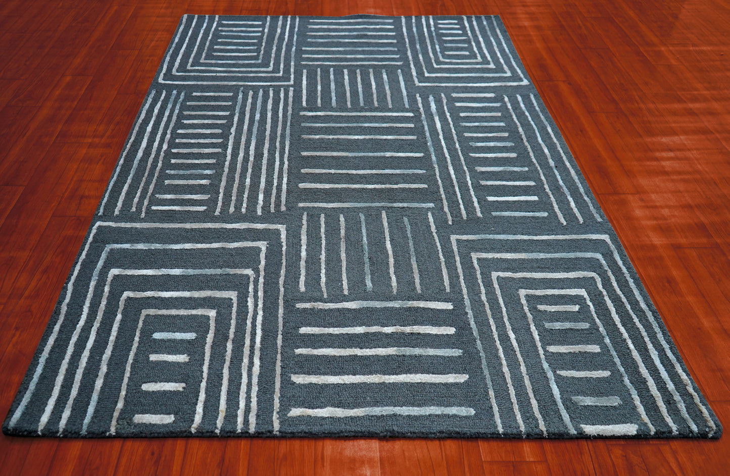 Grey Ivory Abstract Geometric Lines Panel Hand Tufted Wool Viscose Area Rug - Cut Pile Contemporary Custom Sizes