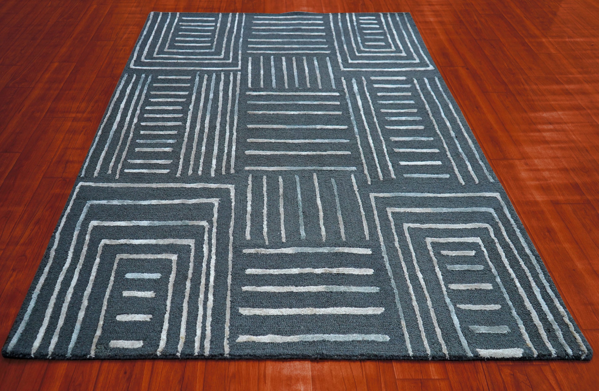Grey Ivory Abstract Geometric Lines Panel Hand Tufted Wool Viscose Area Rug - Cut Pile Contemporary Custom Sizes