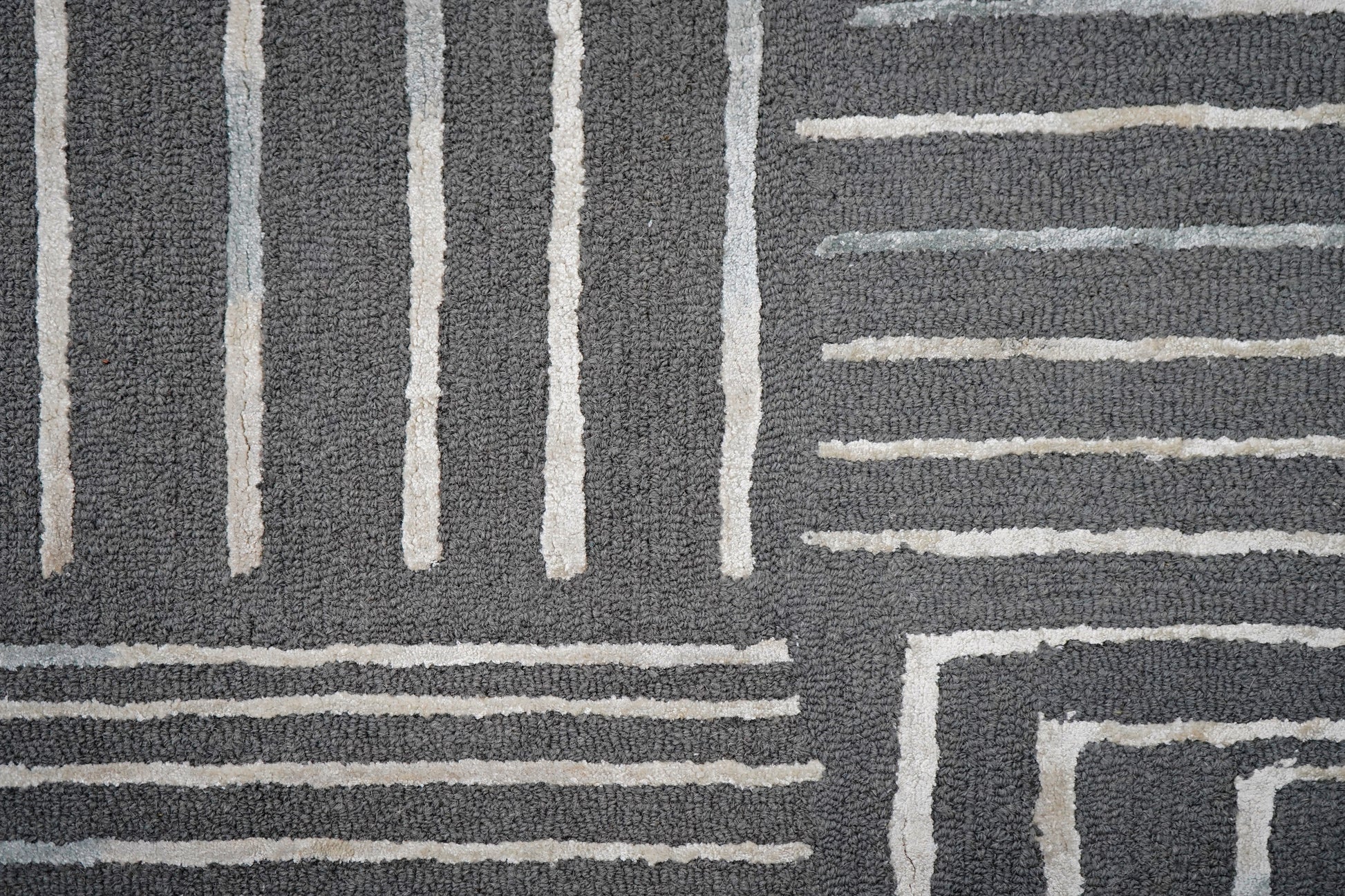 Grey Ivory Abstract Geometric Lines Panel Hand Tufted Wool Viscose Area Rug - Cut Pile Contemporary Custom Sizes