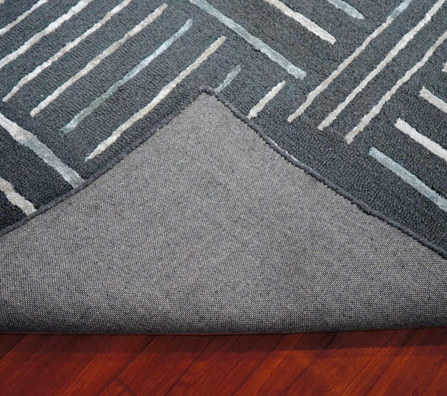 Grey Ivory Abstract Geometric Lines Panel Hand Tufted Wool Viscose Area Rug - Cut Pile Contemporary Custom Sizes