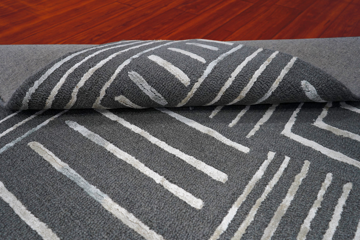 Grey Ivory Abstract Geometric Lines Panel Hand Tufted Wool Viscose Area Rug - Cut Pile Contemporary Custom Sizes