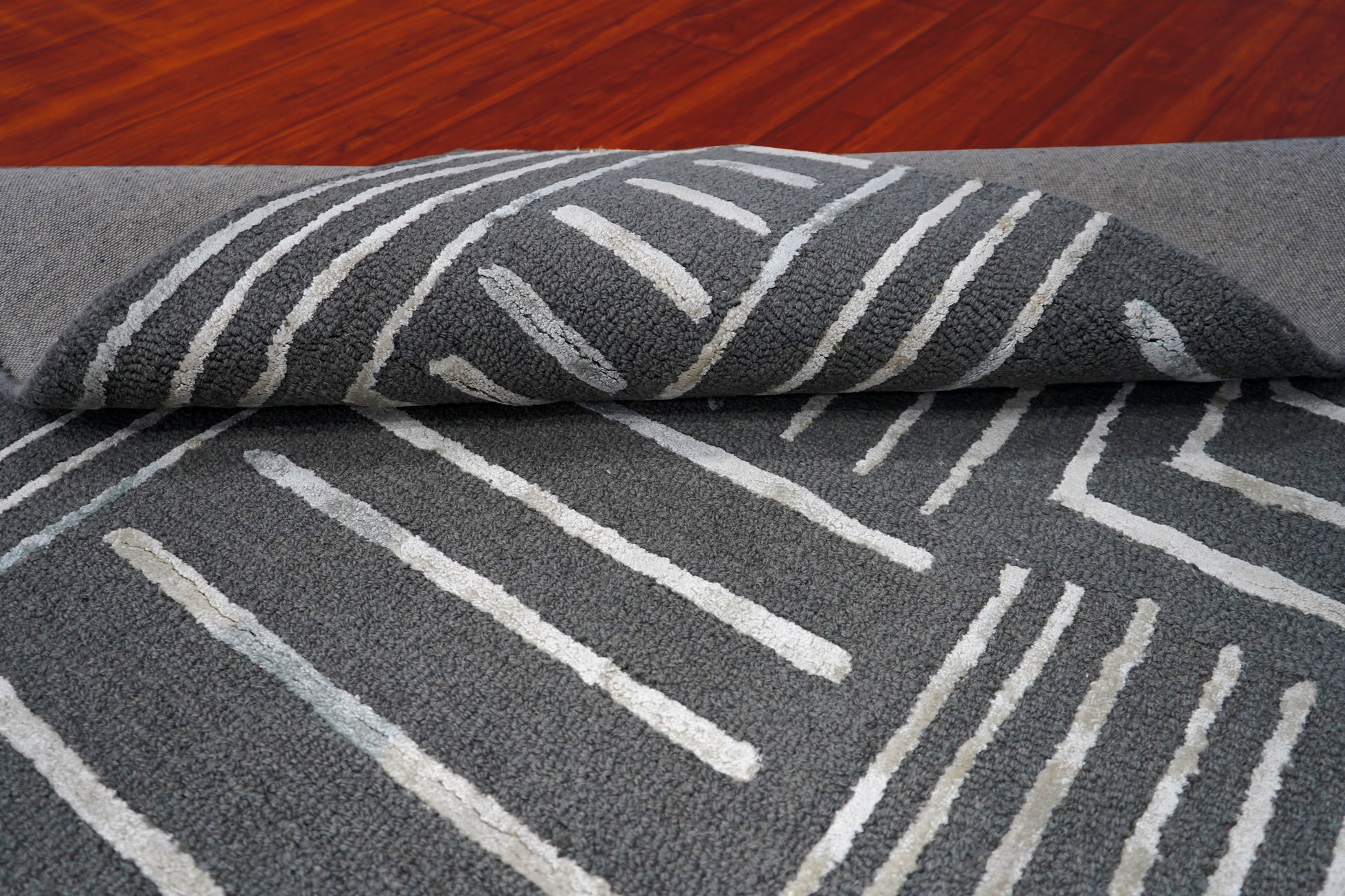 Grey Ivory Abstract Geometric Lines Panel Hand Tufted Wool Viscose Area Rug - Cut Pile Contemporary Custom Sizes