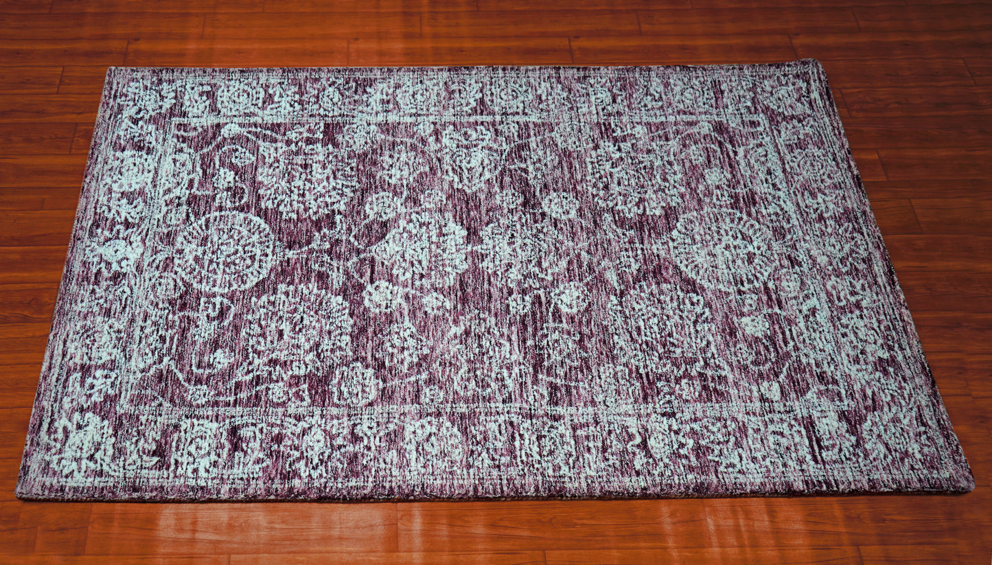 Purple Aqua Vintage Distressed Floral Border Hand Tufted Wool Area Rug - Cut Pile Traditional Custom Sizes