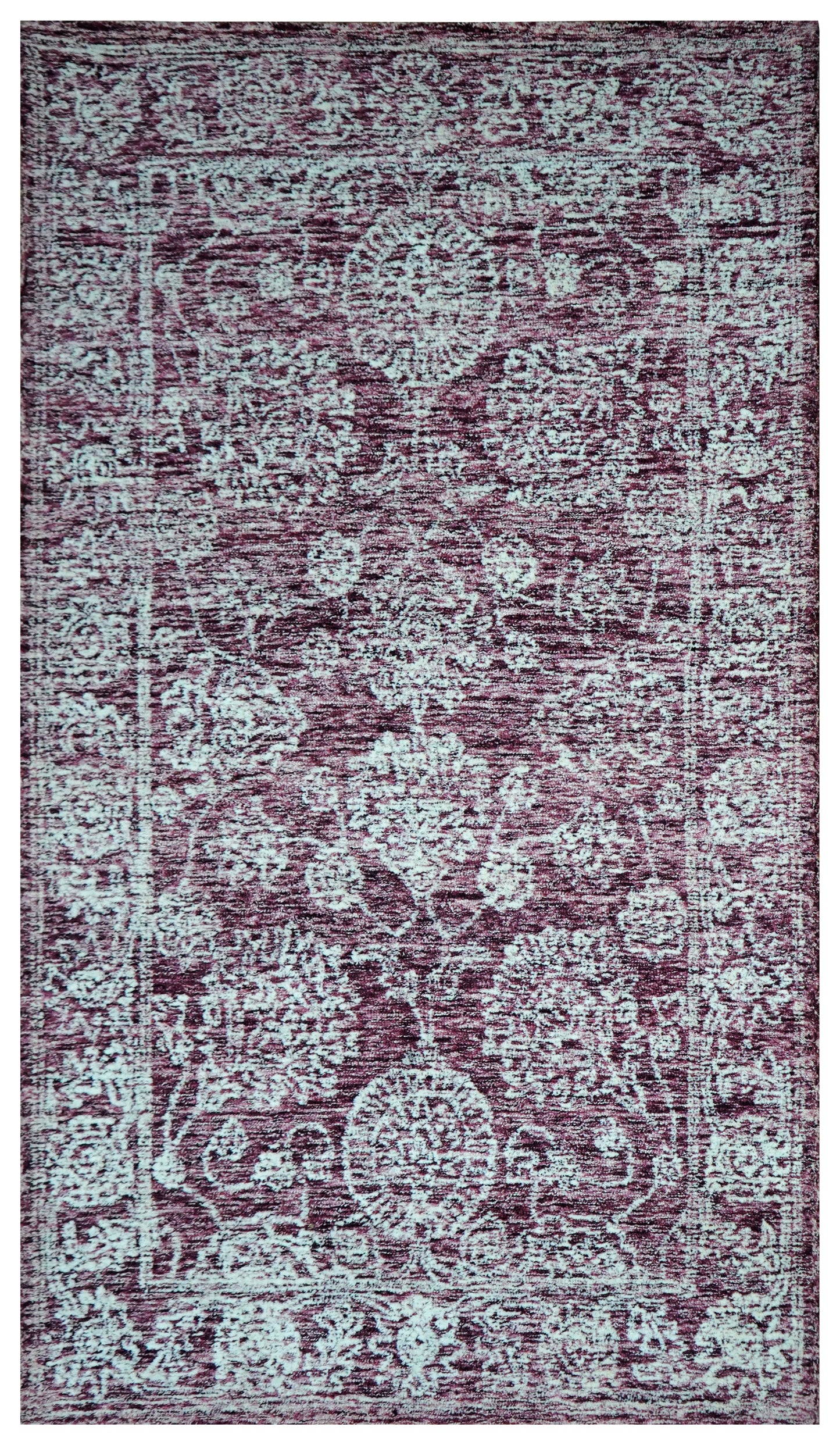 Purple Aqua Vintage Distressed Floral Border Hand Tufted Wool Area Rug - Cut Pile Traditional Custom Sizes