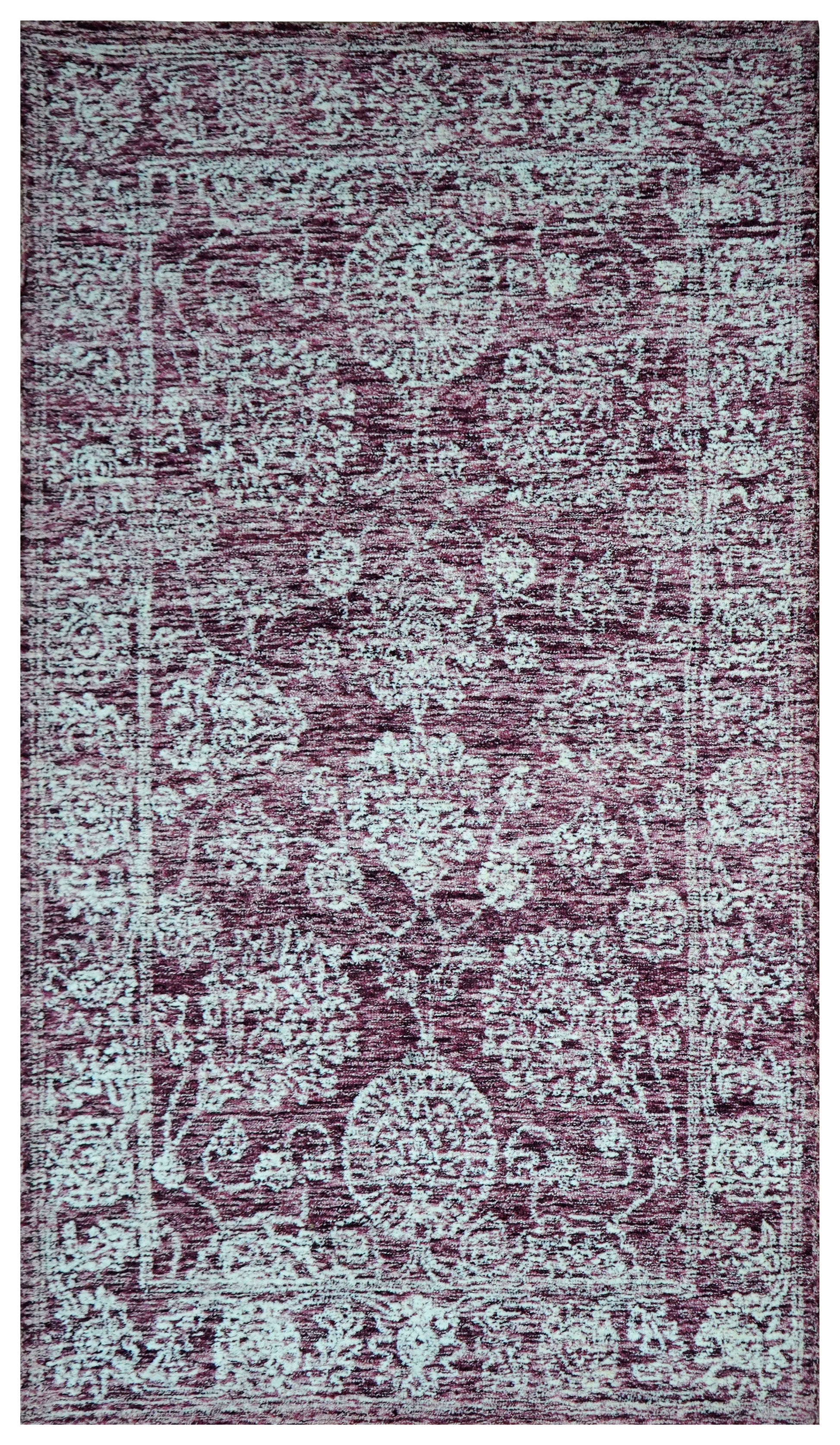 Purple Aqua Vintage Distressed Floral Border Hand Tufted Wool Area Rug - Cut Pile Traditional Custom Sizes