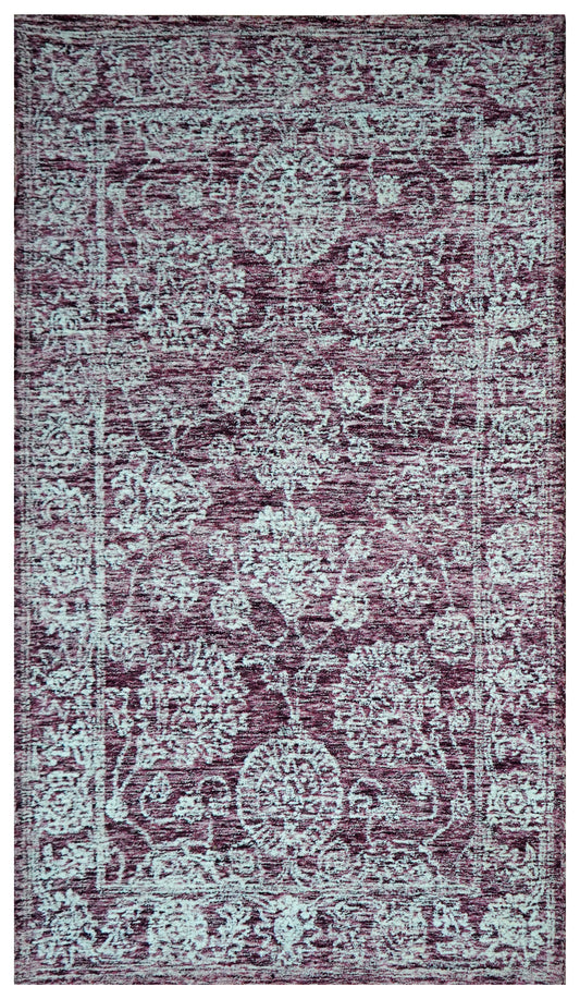 Purple Aqua Vintage Distressed Floral Border Hand Tufted Wool Area Rug - Cut Pile Traditional Custom Sizes