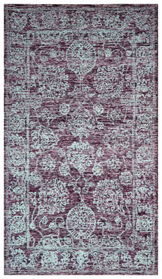 Purple Aqua Vintage Distressed Floral Border Hand Tufted Wool Area Rug - Cut Pile Traditional Custom Sizes