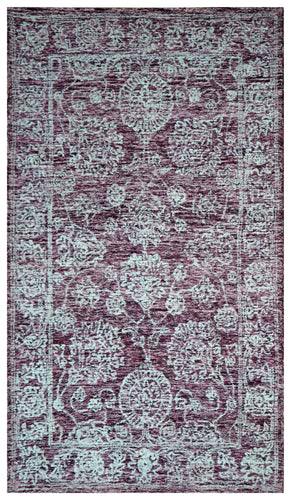 Purple Aqua Vintage Distressed Floral Border Hand Tufted Wool Area Rug - Cut Pile Traditional Custom Sizes