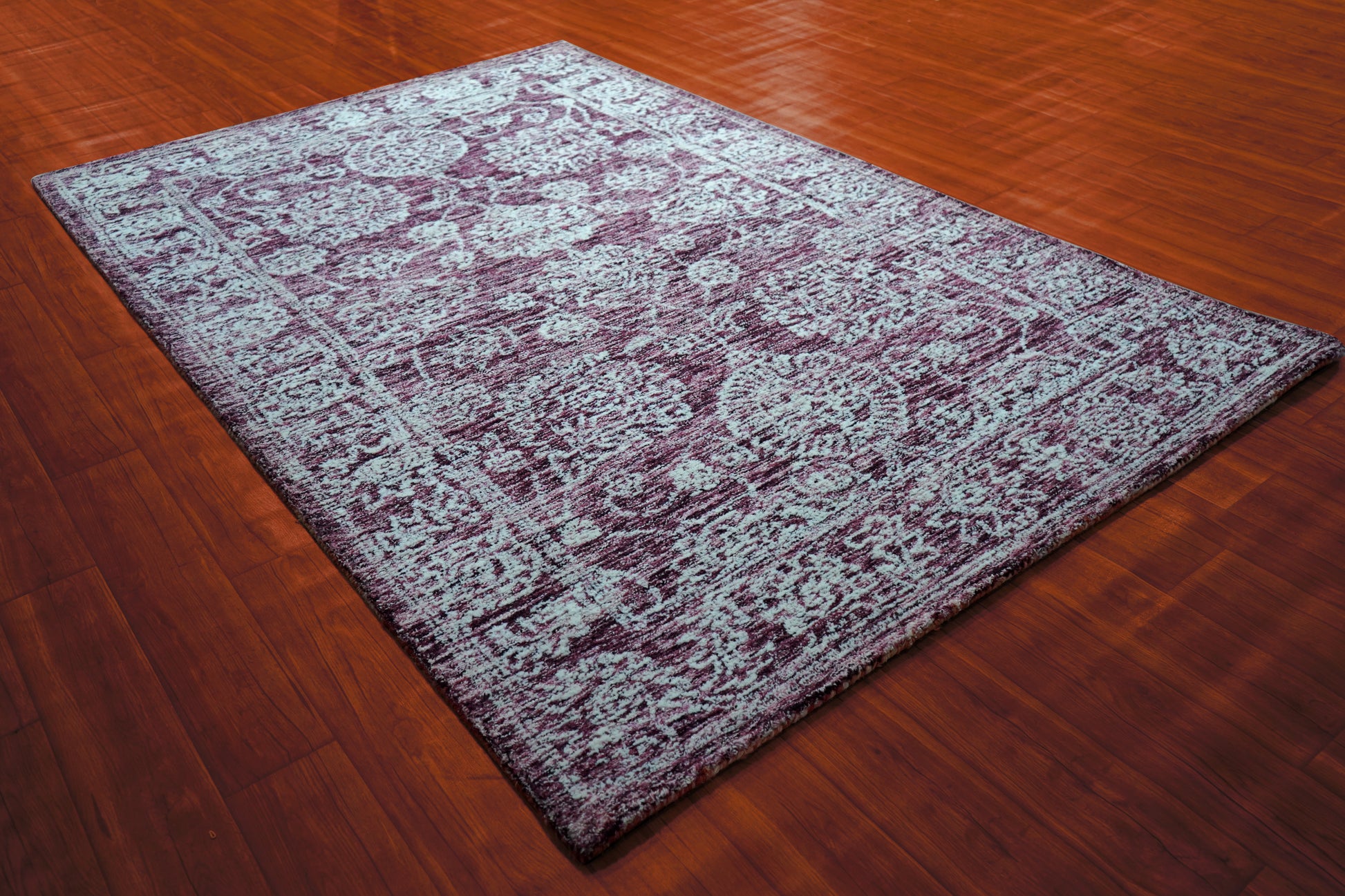 Purple Aqua Vintage Distressed Floral Border Hand Tufted Wool Area Rug - Cut Pile Traditional Custom Sizes