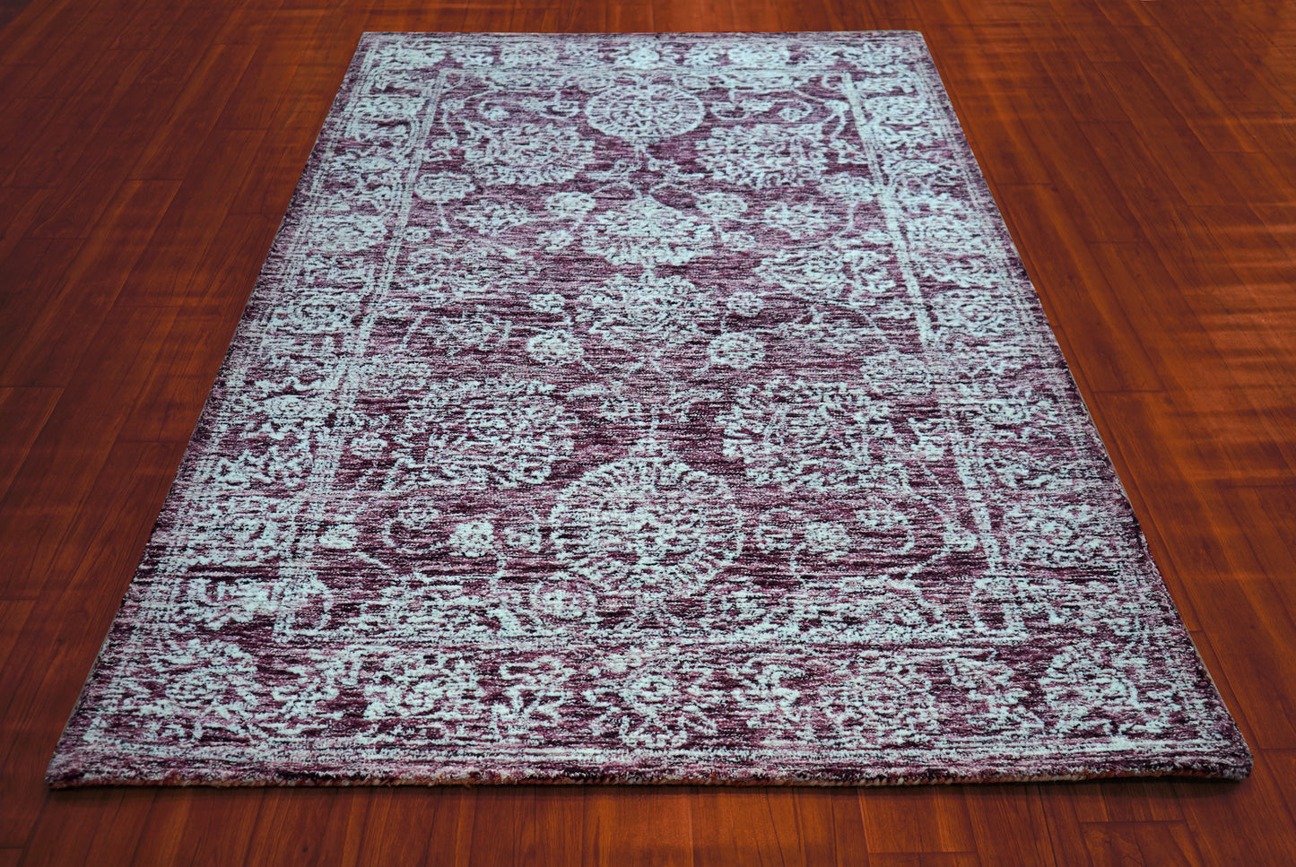 Purple Aqua Vintage Distressed Floral Border Hand Tufted Wool Area Rug - Cut Pile Traditional Custom Sizes