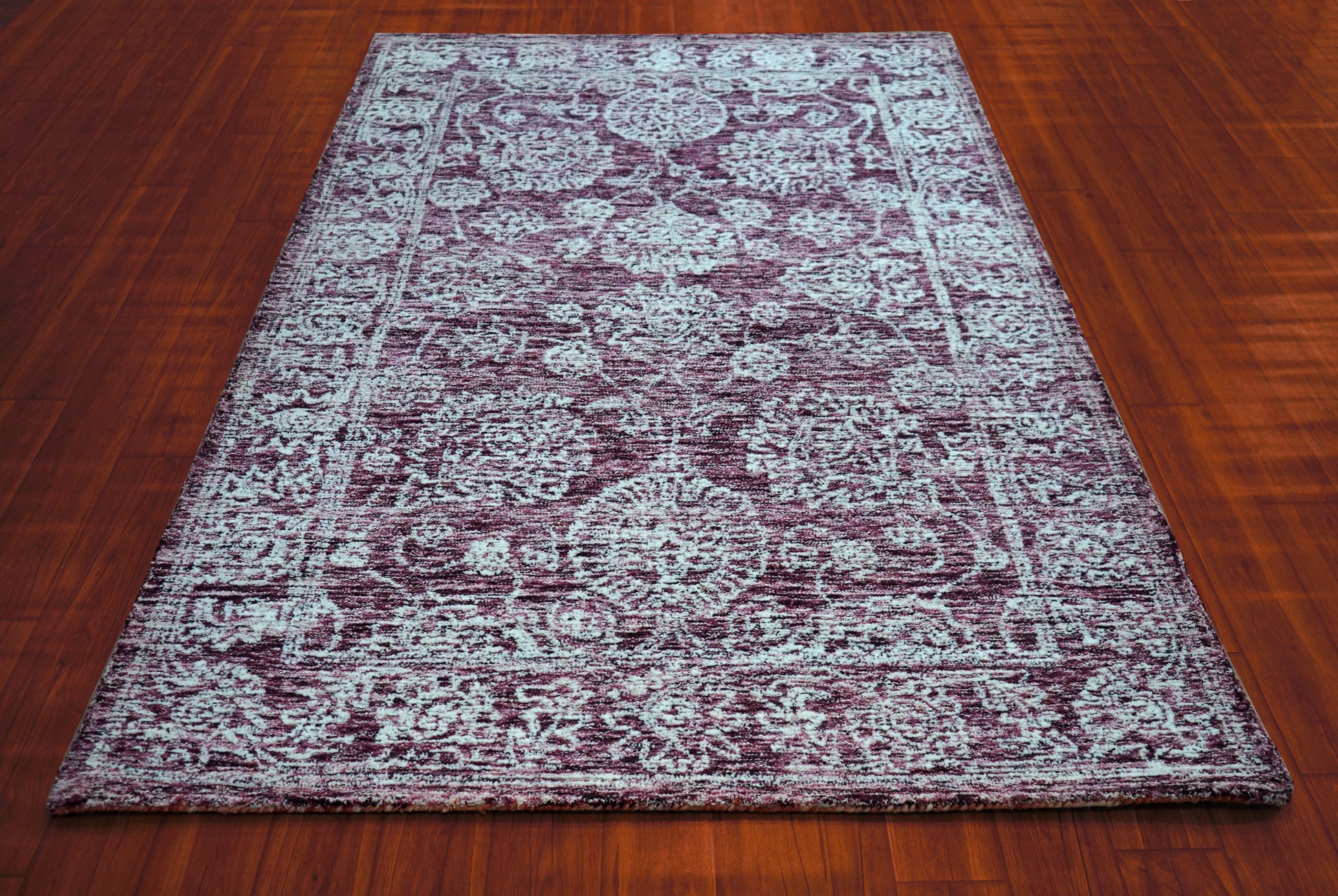 Purple Aqua Vintage Distressed Floral Border Hand Tufted Wool Area Rug - Cut Pile Traditional Custom Sizes