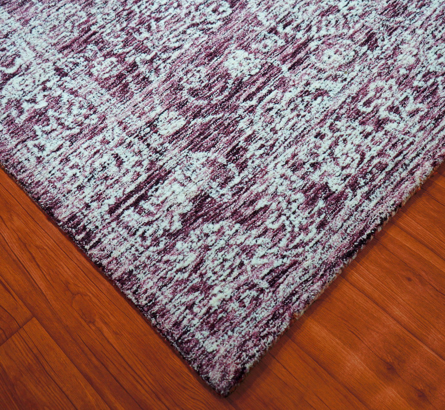 Purple Aqua Vintage Distressed Floral Border Hand Tufted Wool Area Rug - Cut Pile Traditional Custom Sizes