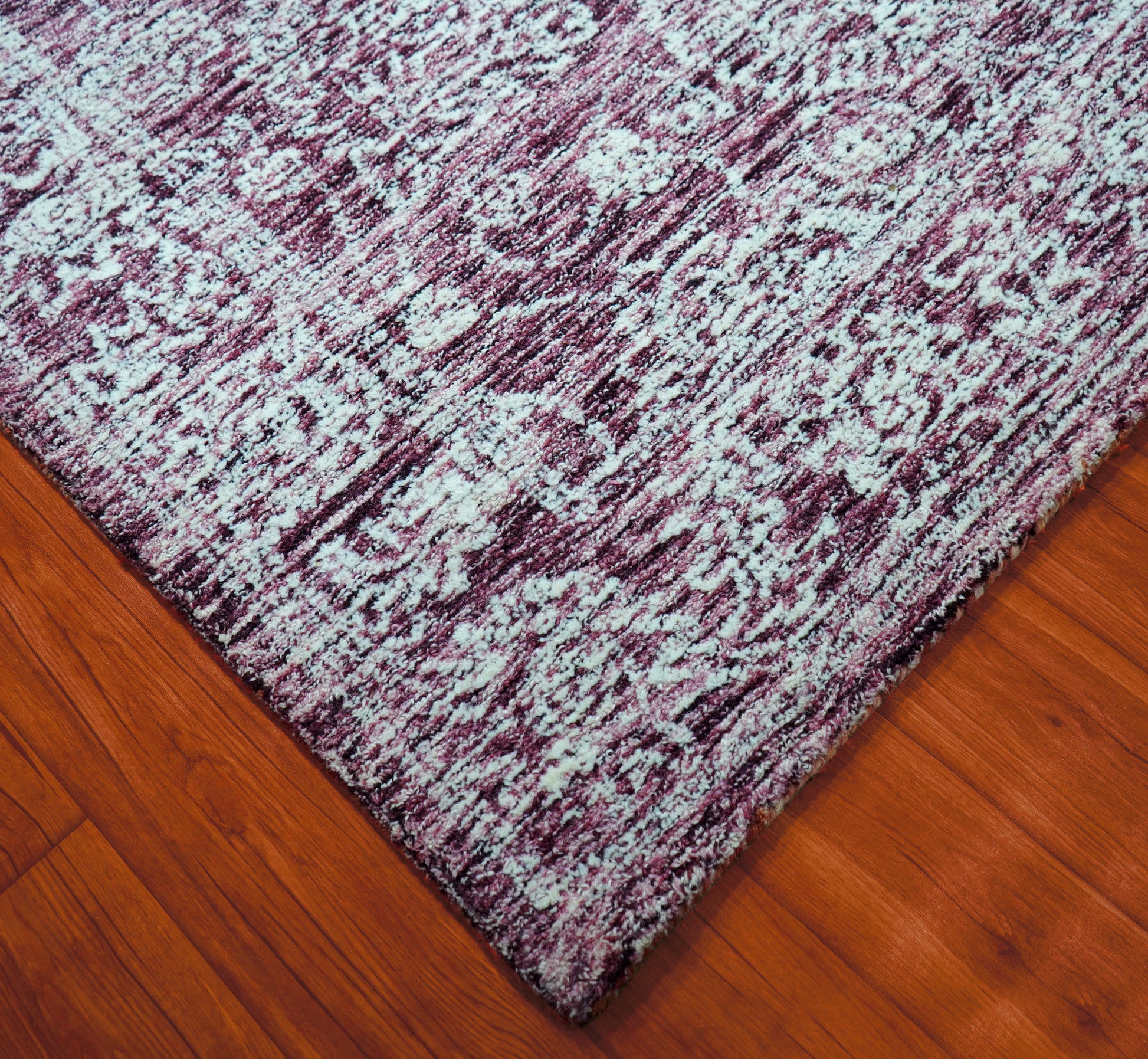 Purple Aqua Vintage Distressed Floral Border Hand Tufted Wool Area Rug - Cut Pile Traditional Custom Sizes