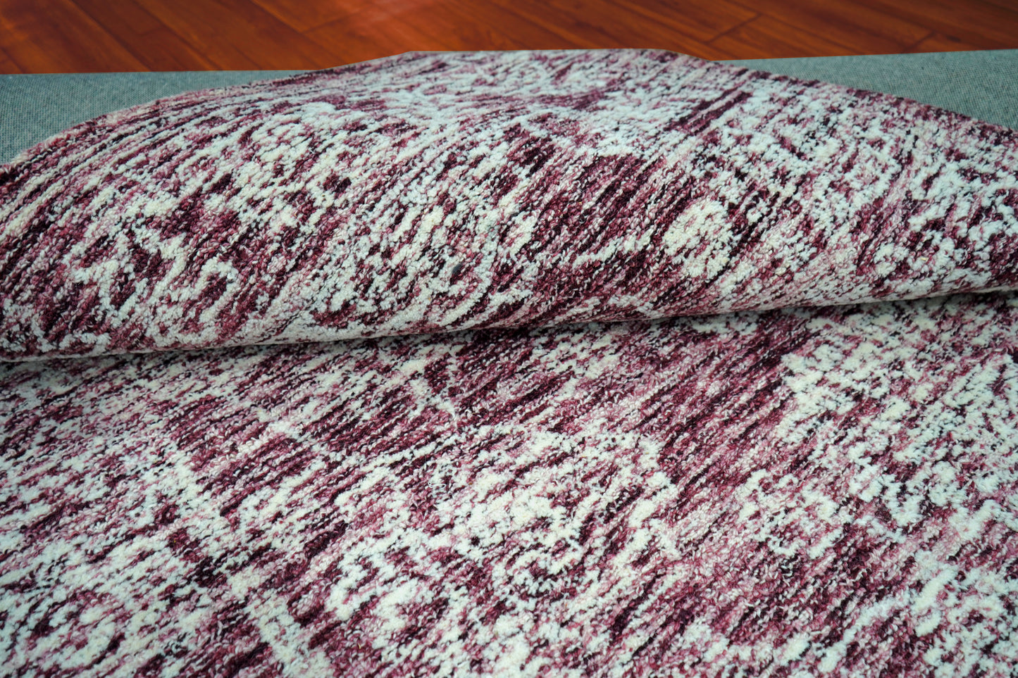 Purple Aqua Vintage Distressed Floral Border Hand Tufted Wool Area Rug - Cut Pile Traditional Custom Sizes