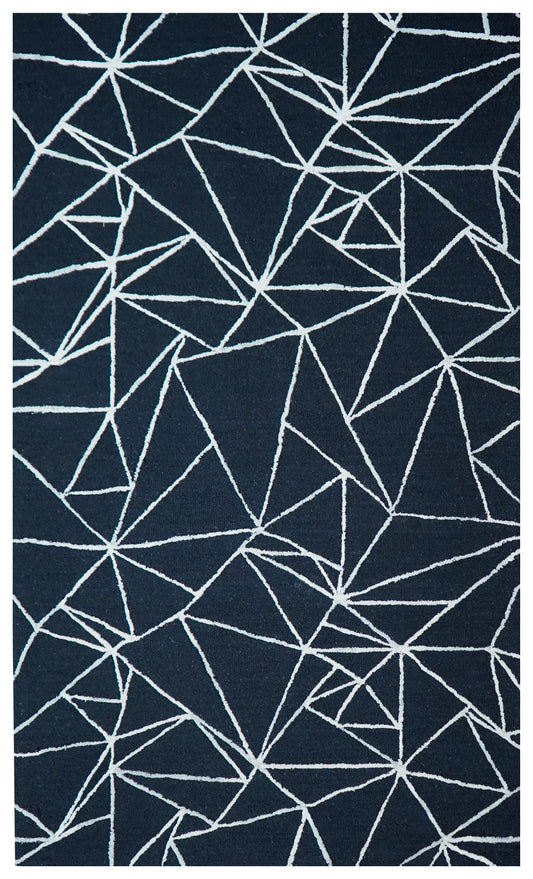 Navy Blue Ivory Abstract Geometric Web Lines Hand Tufted Wool Viscose Area Rug - Cut Pile Contemporary Custom Sizes