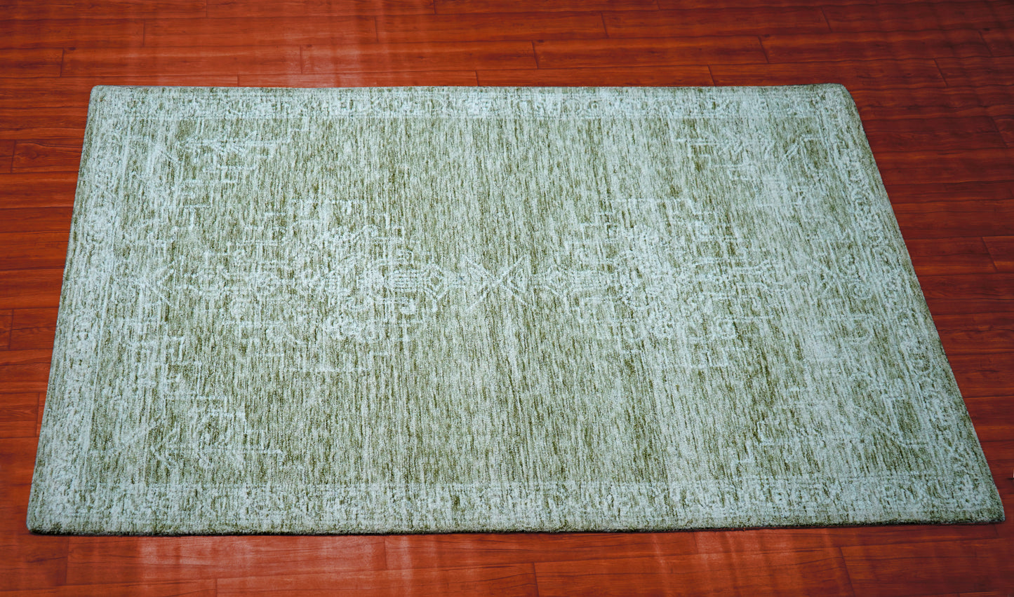 Green Beige Vintage Distressed Medallion Hand Tufted Wool Area Rug - Cut Pile Traditional Custom Sizes