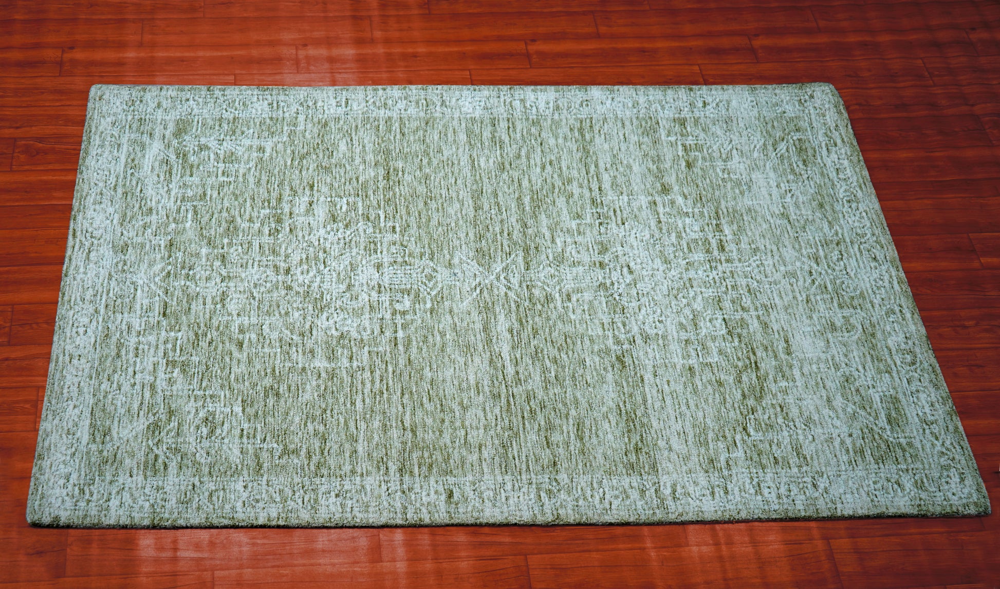 Green Beige Vintage Distressed Medallion Hand Tufted Wool Area Rug - Cut Pile Traditional Custom Sizes