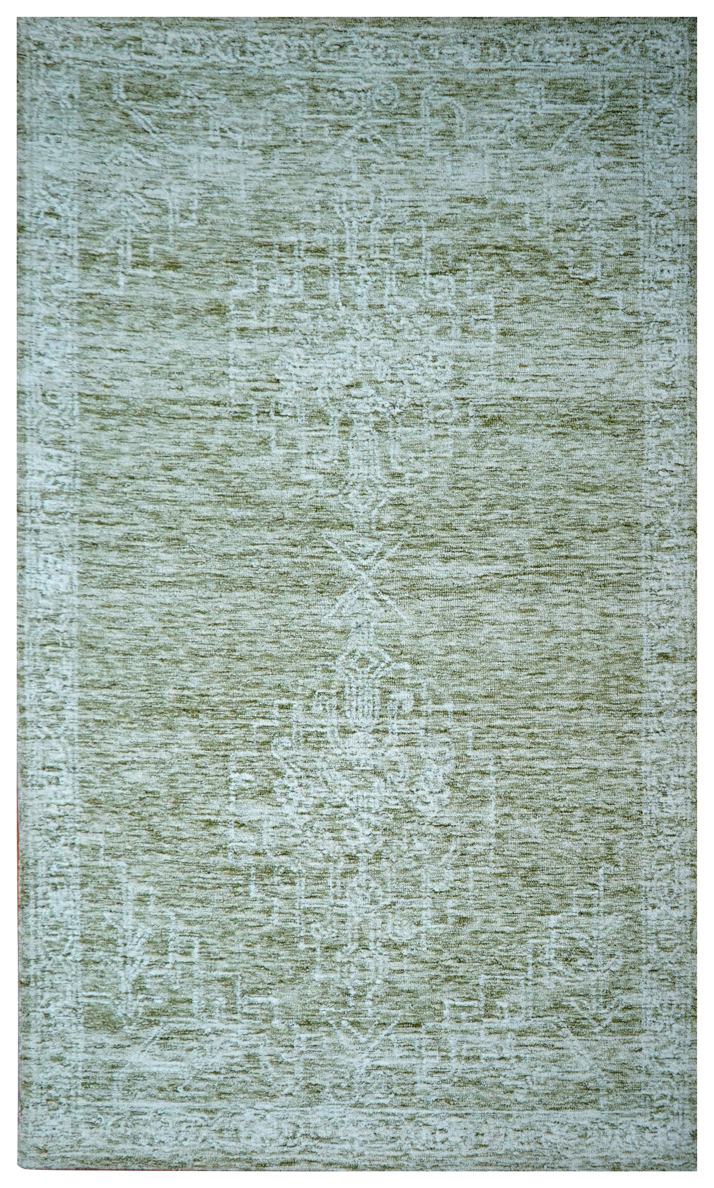 Green Beige Vintage Distressed Medallion Hand Tufted Wool Area Rug - Cut Pile Traditional Custom Sizes