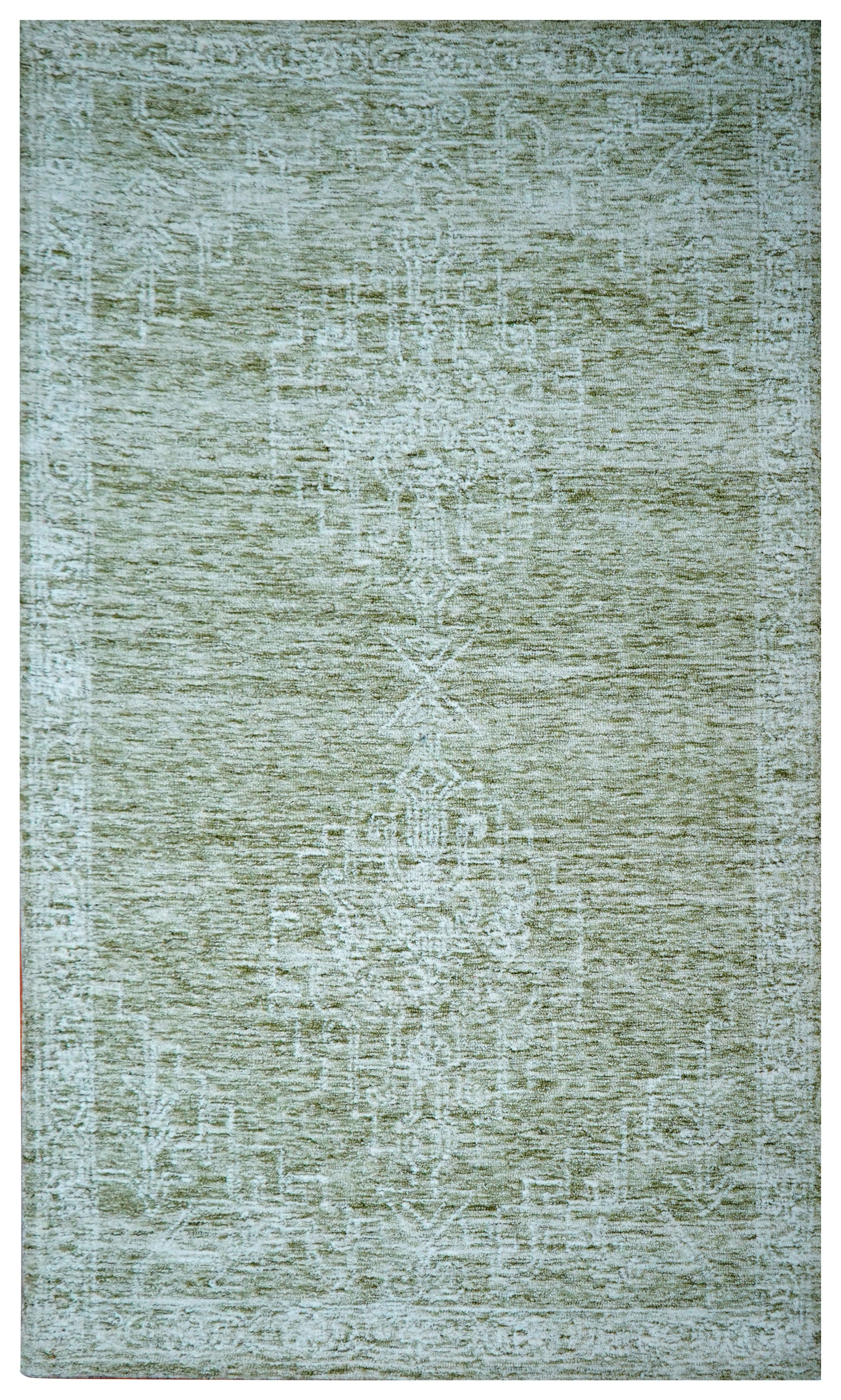 Green Beige Vintage Distressed Medallion Hand Tufted Wool Area Rug - Cut Pile Traditional Custom Sizes