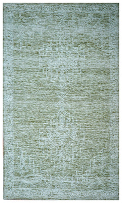 Green Beige Vintage Distressed Medallion Hand Tufted Wool Area Rug - Cut Pile Traditional Custom Sizes