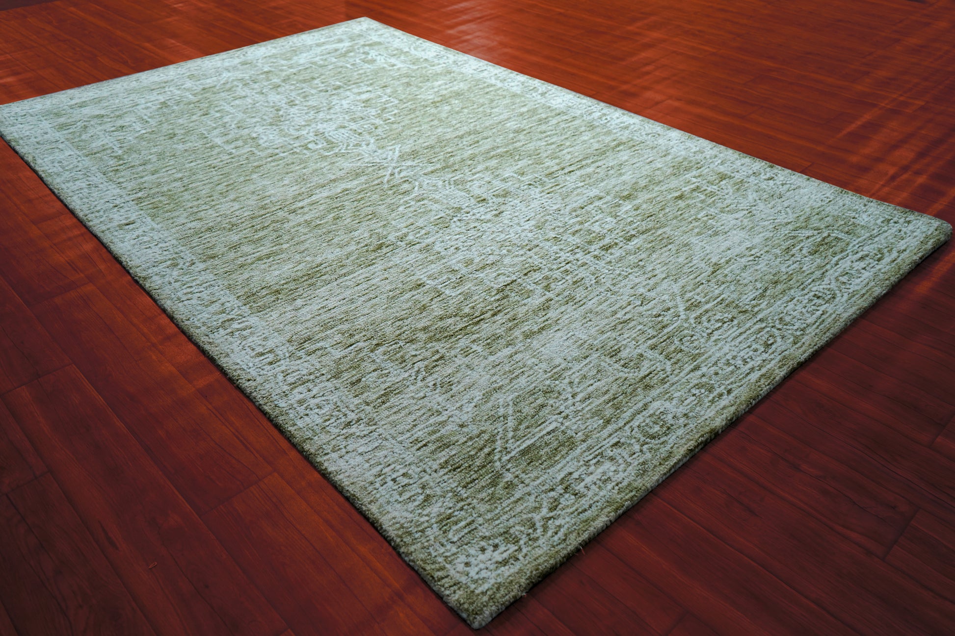 Green Beige Vintage Distressed Medallion Hand Tufted Wool Area Rug - Cut Pile Traditional Custom Sizes