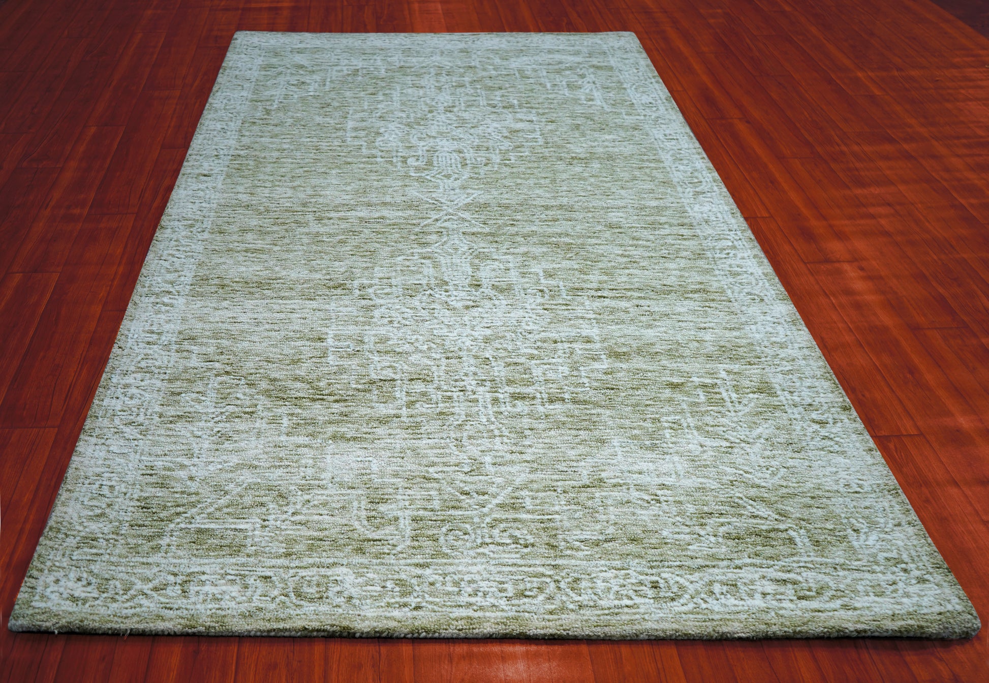 Green Beige Vintage Distressed Medallion Hand Tufted Wool Area Rug - Cut Pile Traditional Custom Sizes