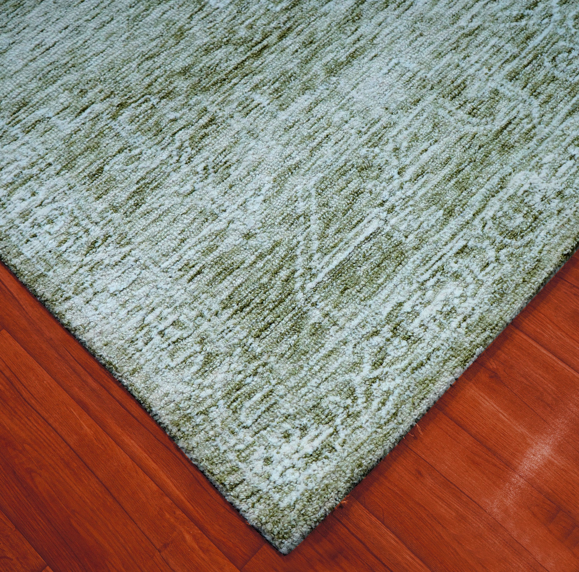 Green Beige Vintage Distressed Medallion Hand Tufted Wool Area Rug - Cut Pile Traditional Custom Sizes