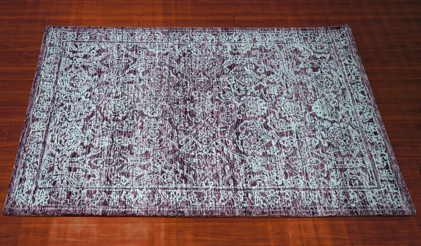 Purple Grey Vintage Distressed Floral Border Hand Tufted Wool Area Rug - Cut Pile Traditional Custom Sizes