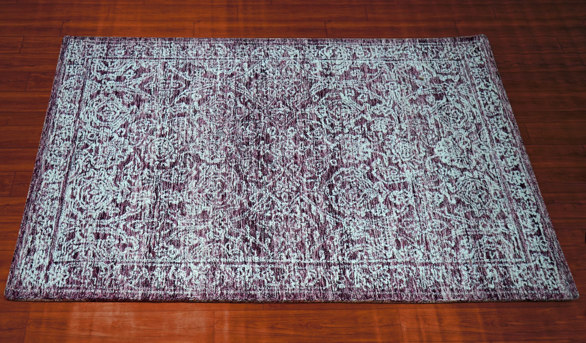Purple Grey Vintage Distressed Floral Border Hand Tufted Wool Area Rug - Cut Pile Traditional Custom Sizes