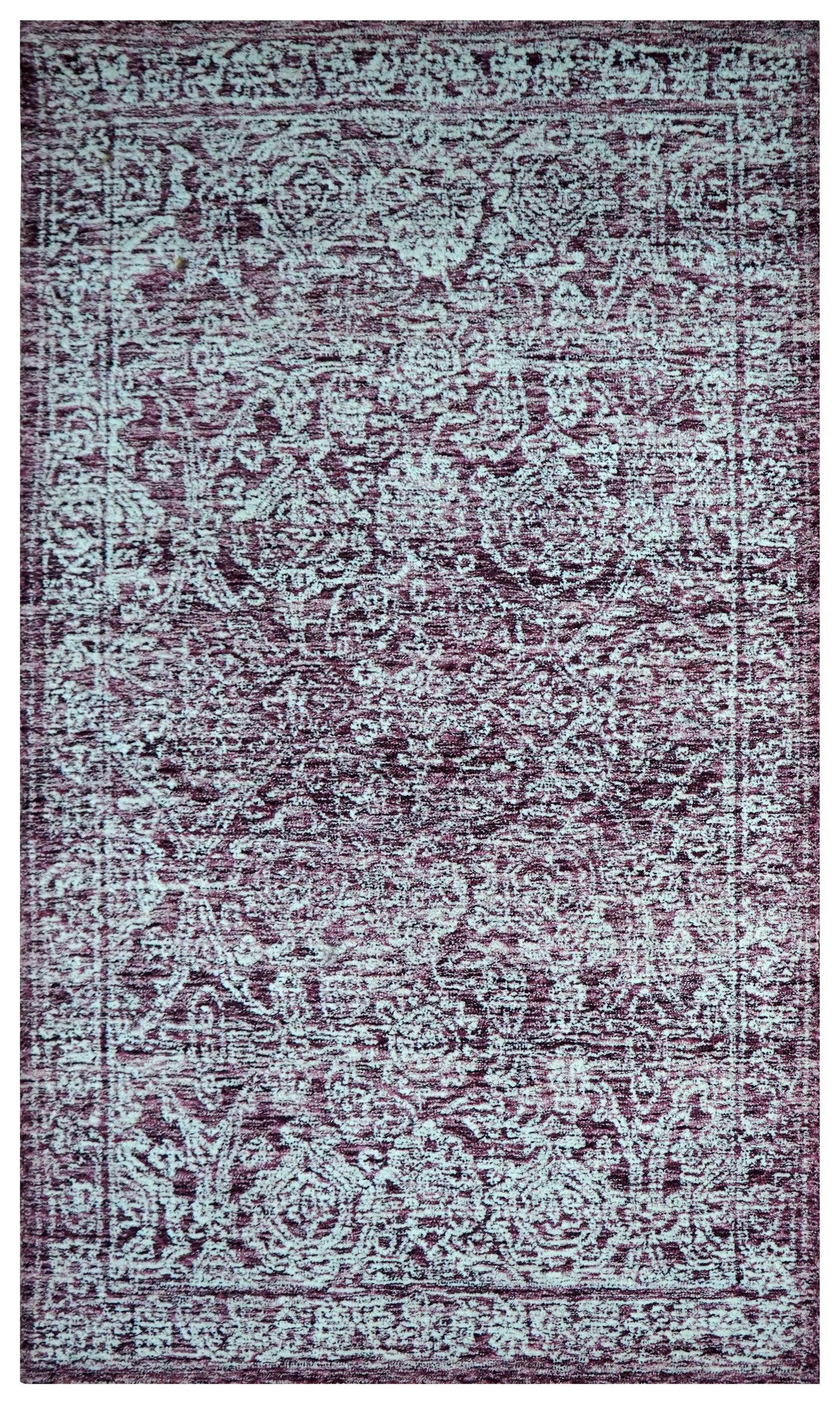 Purple Grey Vintage Distressed Floral Border Hand Tufted Wool Area Rug - Cut Pile Traditional Custom Sizes