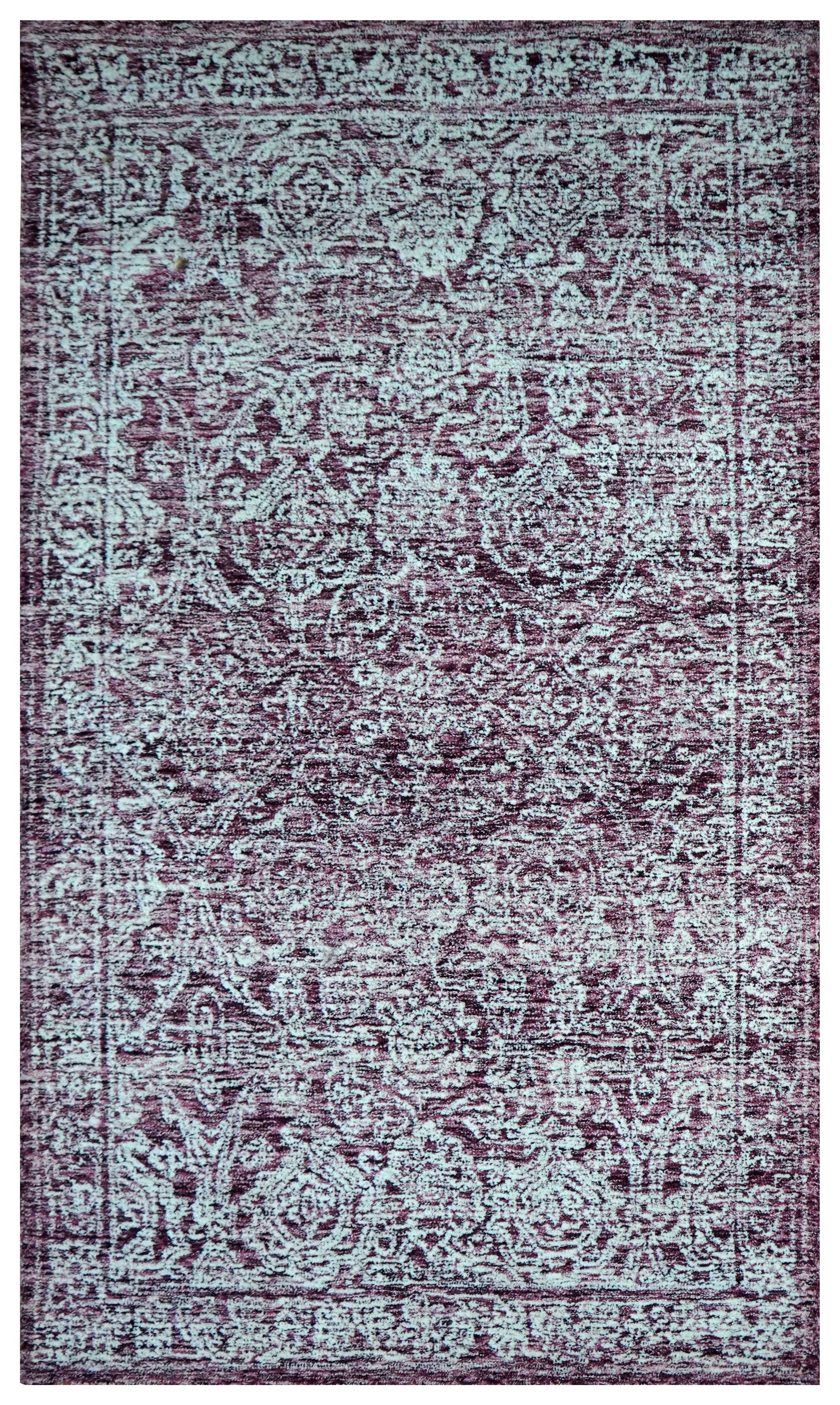 Purple Grey Vintage Distressed Floral Border Hand Tufted Wool Area Rug - Cut Pile Traditional Custom Sizes