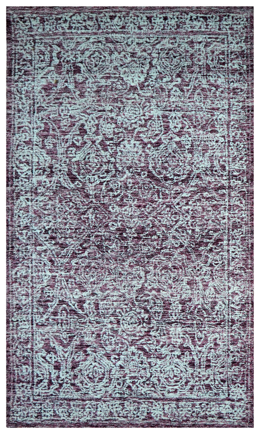 Purple Grey Vintage Distressed Floral Border Hand Tufted Wool Area Rug - Cut Pile Traditional Custom Sizes