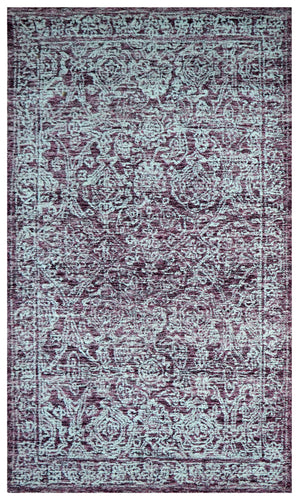 Purple Grey Vintage Distressed Floral Border Hand Tufted Wool Area Rug - Cut Pile Traditional Custom Sizes