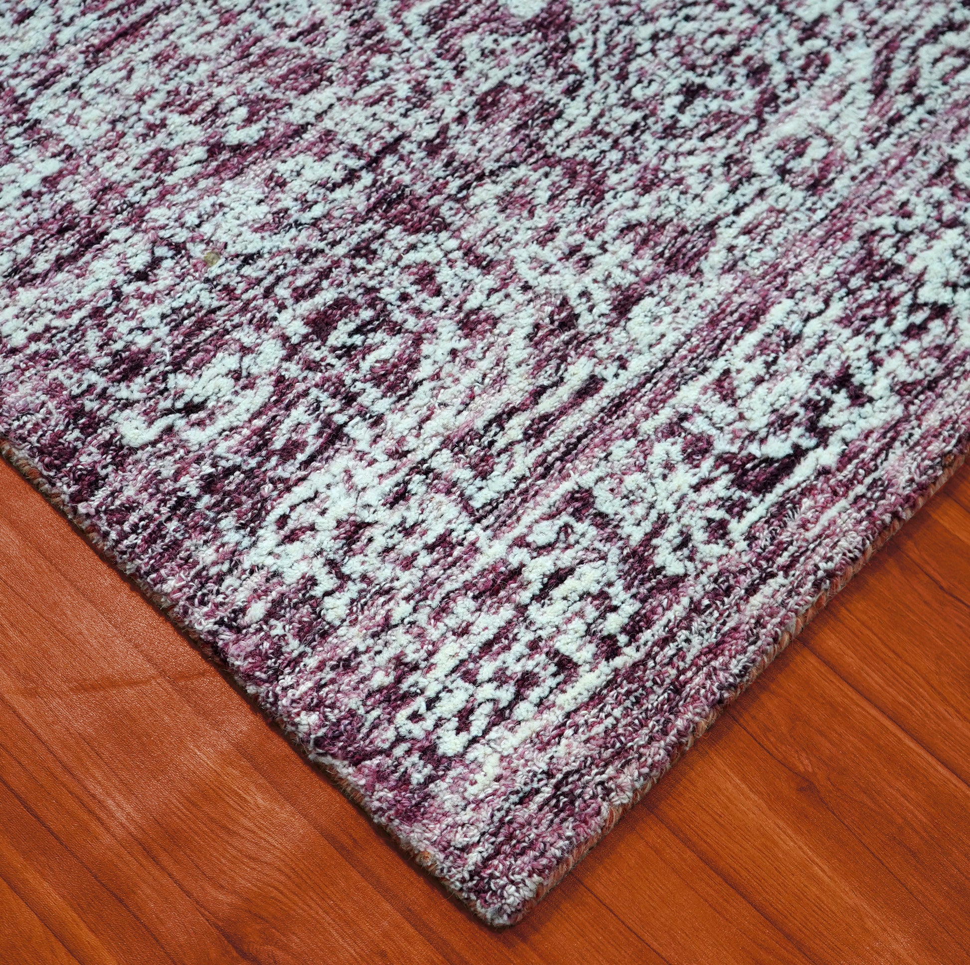 Purple Grey Vintage Distressed Floral Border Hand Tufted Wool Area Rug - Cut Pile Traditional Custom Sizes