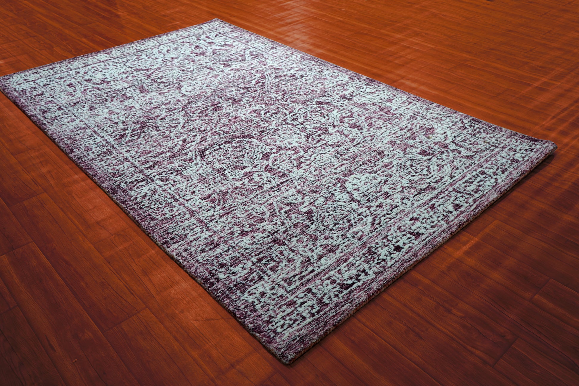 Purple Grey Vintage Distressed Floral Border Hand Tufted Wool Area Rug - Cut Pile Traditional Custom Sizes