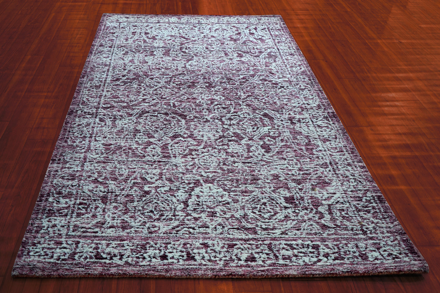 Purple Grey Vintage Distressed Floral Border Hand Tufted Wool Area Rug - Cut Pile Traditional Custom Sizes