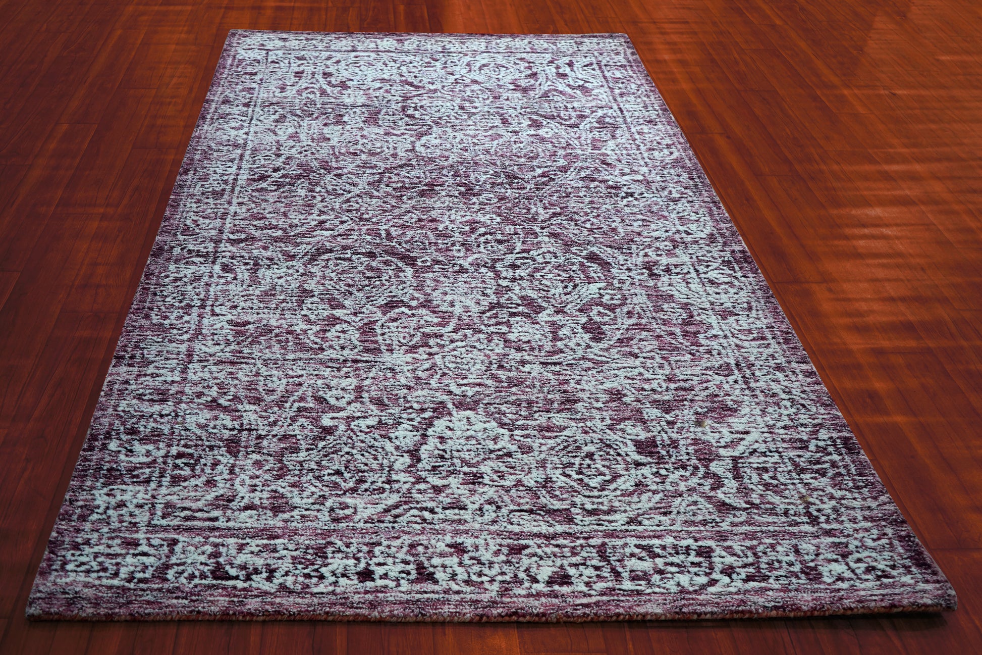 Purple Grey Vintage Distressed Floral Border Hand Tufted Wool Area Rug - Cut Pile Traditional Custom Sizes