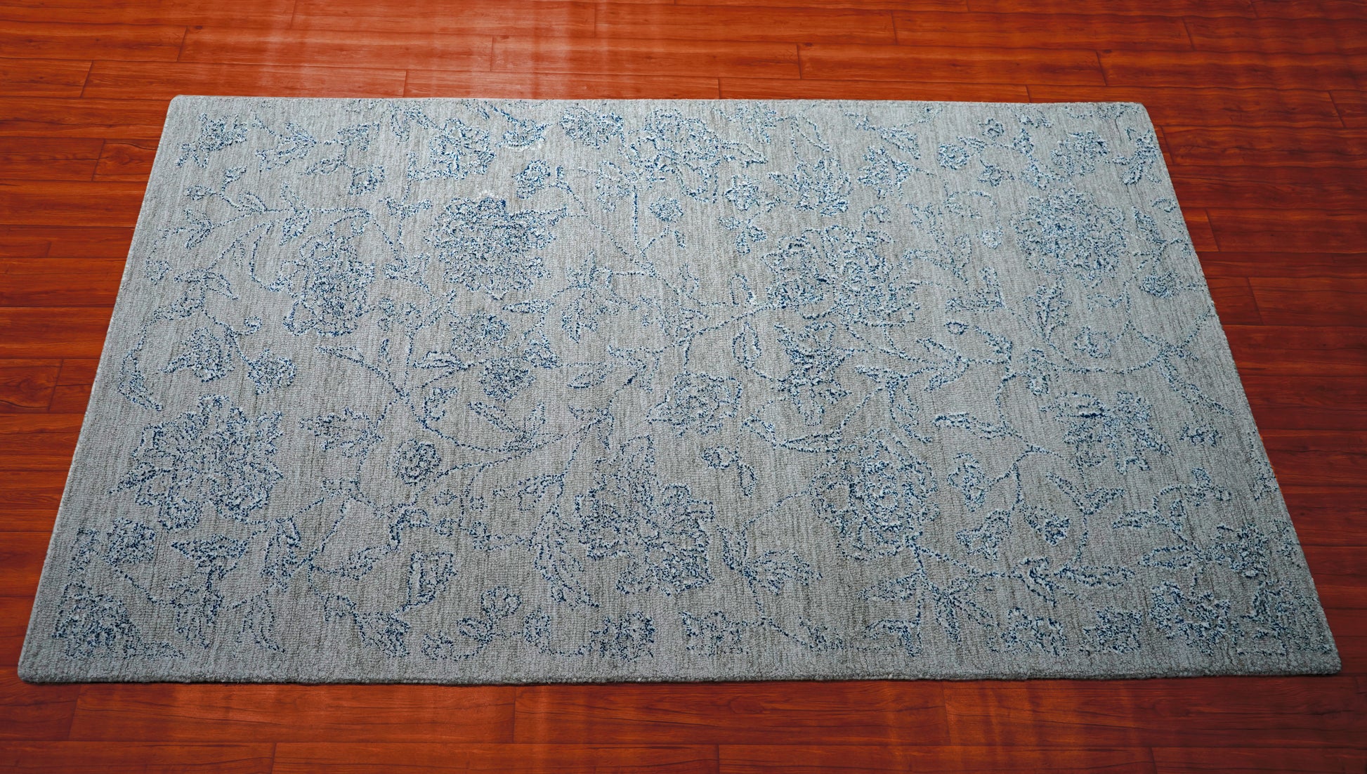 Grey Beige Vintage Distressed Floral Hand Tufted Wool Area Rug - Cut Pile Shabby Chic Custom Sizes