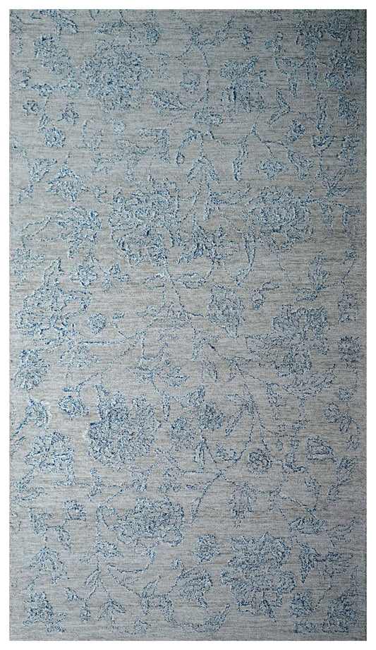 Grey Beige Vintage Distressed Floral Hand Tufted Wool Area Rug - Cut Pile Shabby Chic Custom Sizes