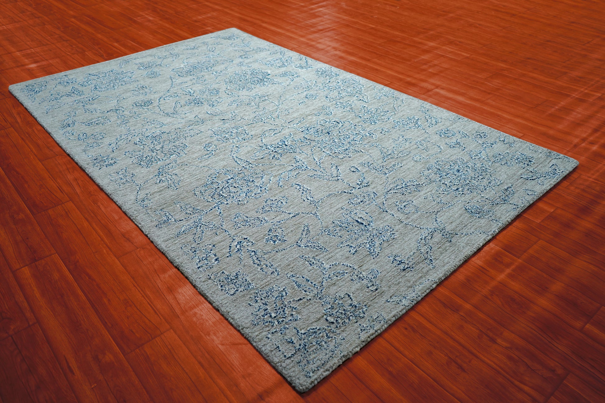 Grey Beige Vintage Distressed Floral Hand Tufted Wool Area Rug - Cut Pile Shabby Chic Custom Sizes