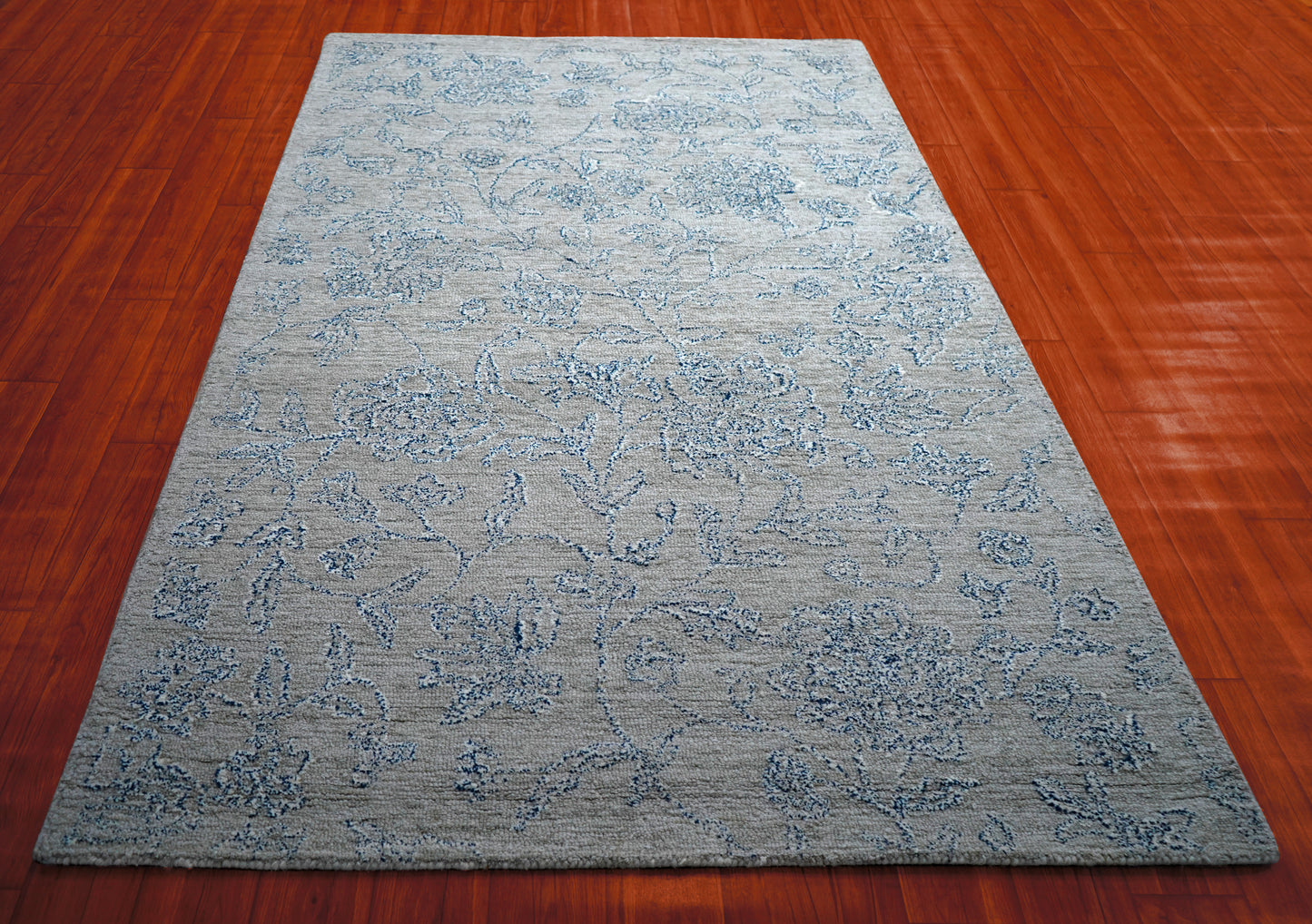 Grey Beige Vintage Distressed Floral Hand Tufted Wool Area Rug - Cut Pile Shabby Chic Custom Sizes